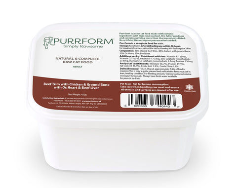 PurrForm Beef Trim With Chicken, Ground Bone With Ox Heart & Beef Liver. Adult 450g