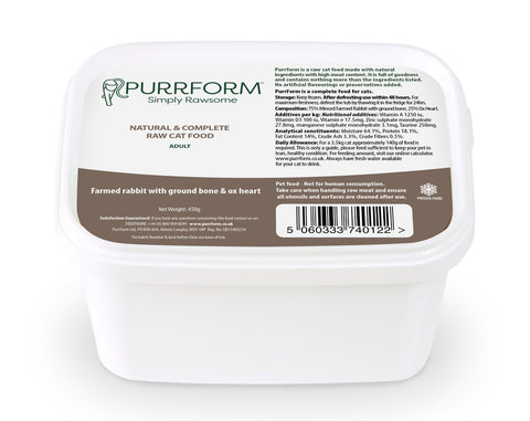 PurrForm Farmed Rabbit With Ground Bone, Ox Heart. Adult 450g