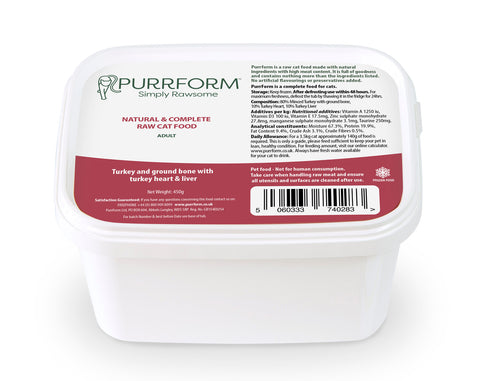 PurrForm Turkey With Ground Bone With Turkey Heart & Liver. Adult 450g