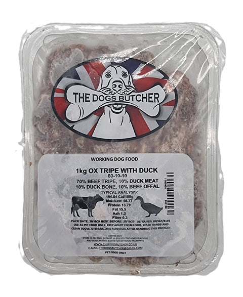 Dogs Butcher 1kg Ox Tripe With Duck 80/10/10