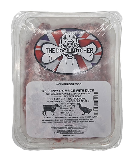 Dogs Butcher 1kg Puppy Ox Mince With Duck 80/10/10