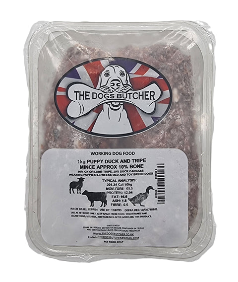 Dogs Butcher 1kg Puppy Duck & Tripe 80/10/10