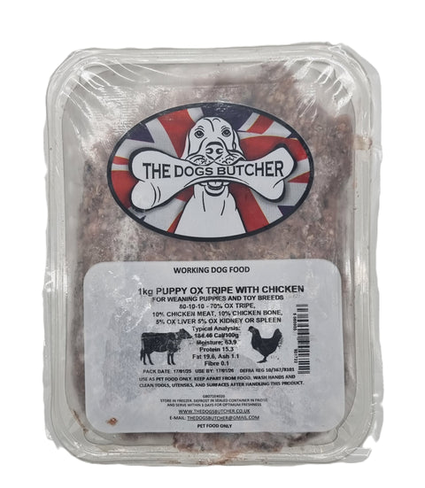 Dogs Butcher 1kg Puppy Chicken With Tripe 80/10/10