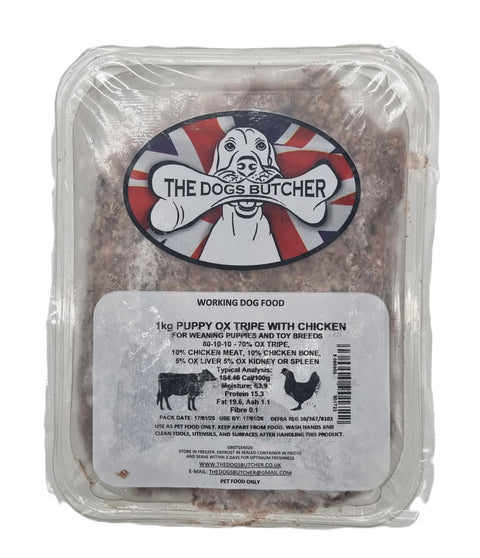 Dogs Butcher 1kg Puppy Ox Tripe With Chicken 80/10/10