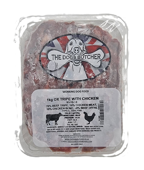 Dogs Butcher 1kg Ox Tripe With Chicken 80/10/10