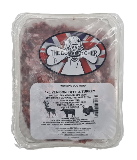 Dogs Butcher 1kg Venison Beef & Turkey 80/10/10