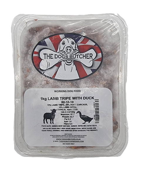 Dogs Butcher 1kg Lamb Tripe With Duck 80/10/10