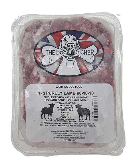 Dogs Butcher 1kg Purely Lamb Single Protetin 80/10/10
