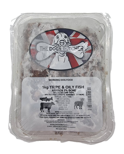 Dogs Butcher 1kg Tripe & Oily Fish 5% Bone