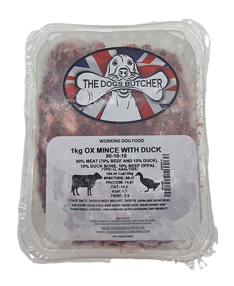 Dogs Butcher 1kg Ox Mince With Duck 80/10/10
