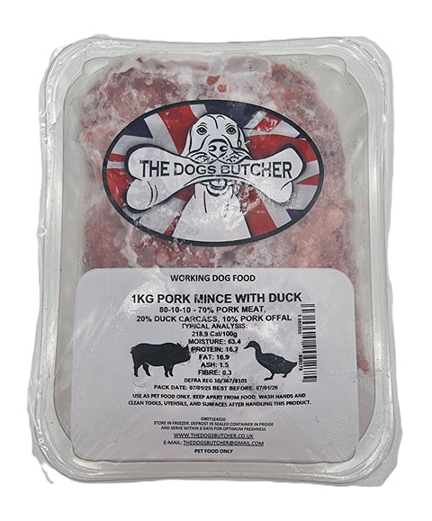 Dogs Butcher 1kg Pork Mince With Duck 80/10/10