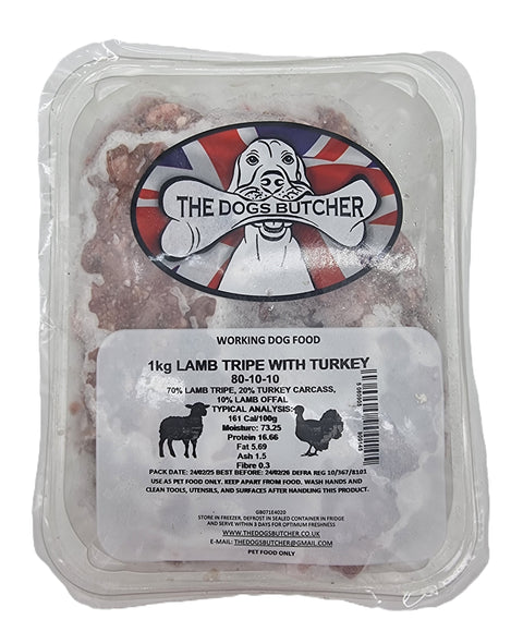 Dogs Butcher 1kg Lamb Tripe Wth Turkey 80/10/10