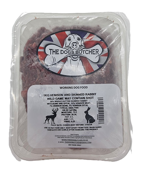 Dogs Butcher 1kg Venison And Skinned Rabbit 80/10/10