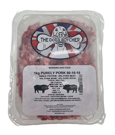 Dogs Butcher 1kg Purely Pork Single Protetin 80/10/10