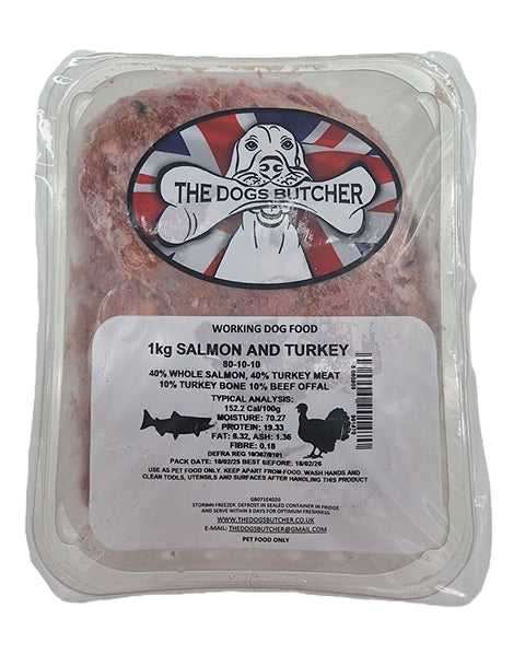 Dogs Butcher 1kg Salmon & Turkey 80/10/10