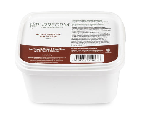 PurrForm Beef Trim With Chicken, Ground Bone With Ox Heart & Beef Liver. Kitten 450g