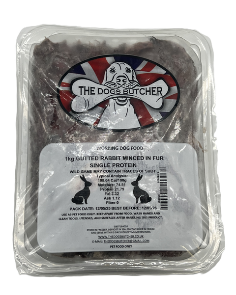 Dogs Butcher 1kg Gutterd Rabbit With Fur 80/10/10