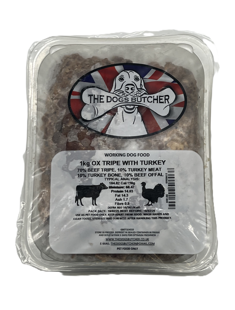 Dogs Butcher 1kg Ox Tripe With Turkey 80/10/10